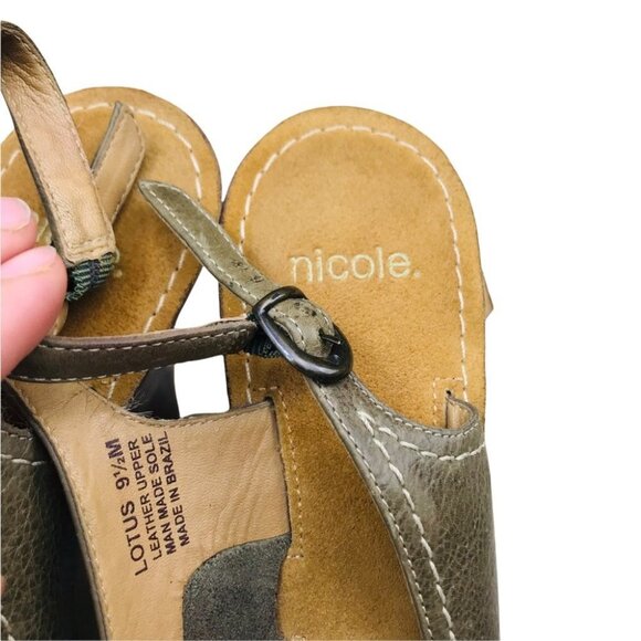 Nicole Lotus Peep Toe Leather Olive wedge Sandals Women size 9.5 - Picture 15 of 15